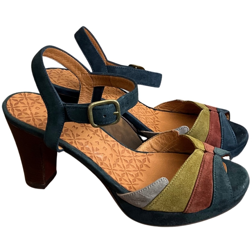 Chie Mihara Teal Olive Rust Suede Block Heel Sandals